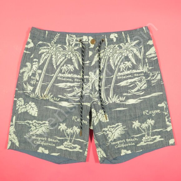 Reyn Spooner Shorts Mens M Blue Reversible Hawaiian Stretch Drawstring - Picture 2 of 8